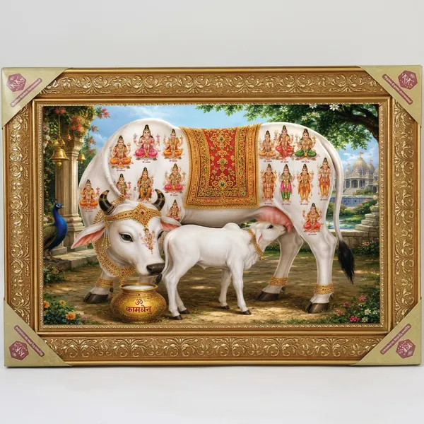 Premium_Divine_Kamdhenu_Cow_with_Calf_Wish-Fulfilling_Golden_Framed_Portrait