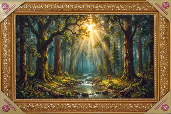 Premium_Sunlit_Deep_Forest_&_Serene_Deer_Family_Nature_Golden_Framed_Portrait