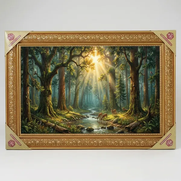 Premium_Sunlit_Deep_Forest_&_Serene_Deer_Family_Nature_Golden_Framed_Portrait