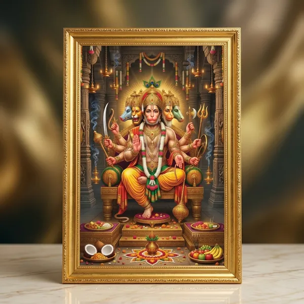 Premium_Panchmukhi_Hanuman_Ji_Divine_Protection_Golden_Framed_Portrait