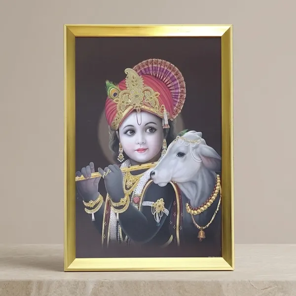 Premium_Bal_Krishna_with_Holy_Cow_Divine_Flute_Player_Golden_Framed_Portrait