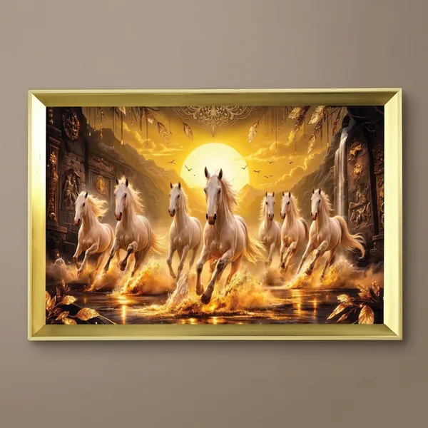Premium_7_Running_Golden_Horses_Luxury_Vastu_Golden_Framed_Portrait