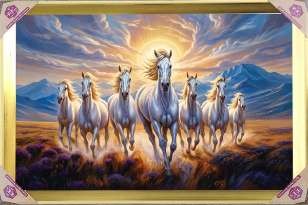Premium_7_Running_White_Horses_Royal_Blue_Mountain_Vastu_Golden_Framed_Portrait