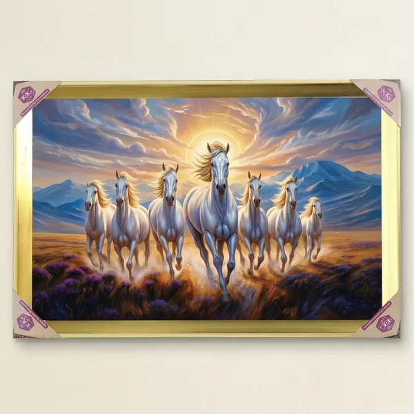 Premium_7_Running_White_Horses_Royal_Blue_Mountain_Vastu_Golden_Framed_Portrait