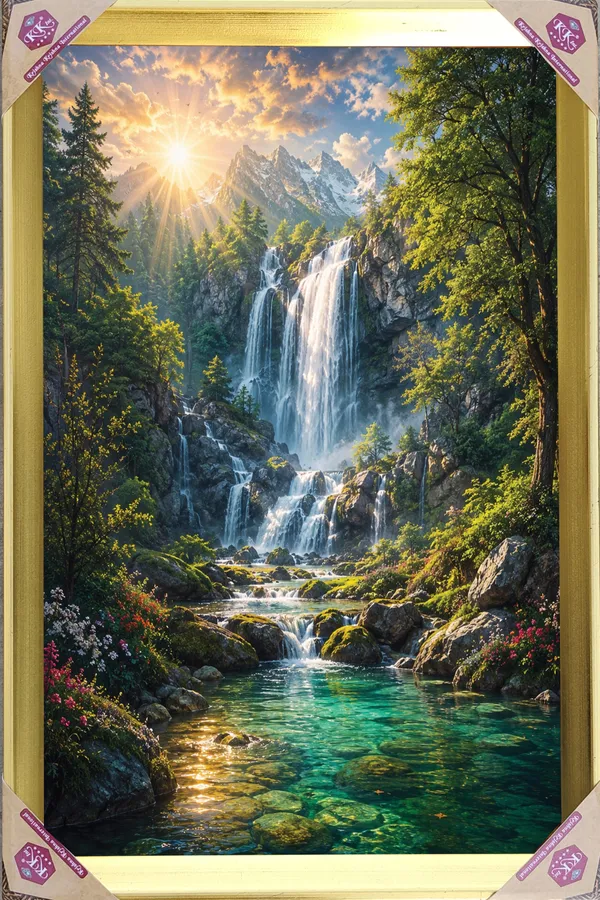 Premium_Vastu_Divine_Waterfall_&_Rising_Sun_Nature_Golden_Framed_Portrait