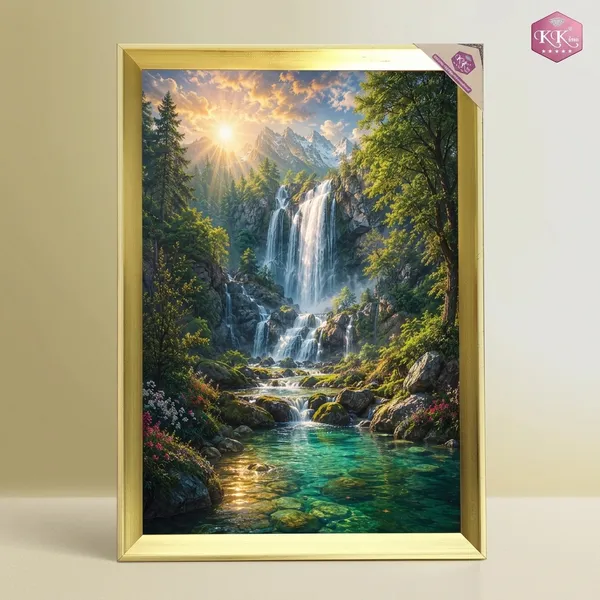 Premium_Vastu_Divine_Waterfall_&_Rising_Sun_Nature_Golden_Framed_Portrait