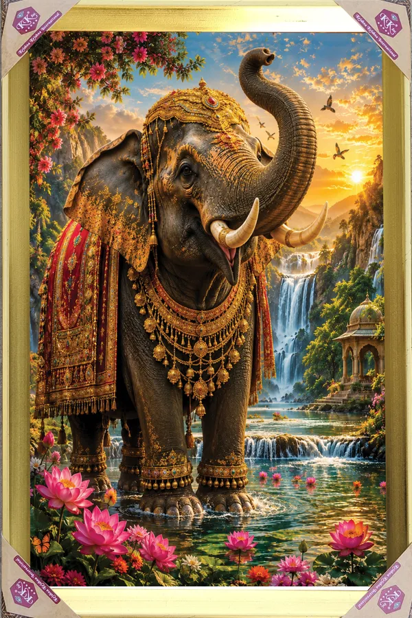 Premium_Royal_Gajraj_(Elephant_with_Raised_Trunk)_Vastu_Abundance_Golden_Framed_Portrait