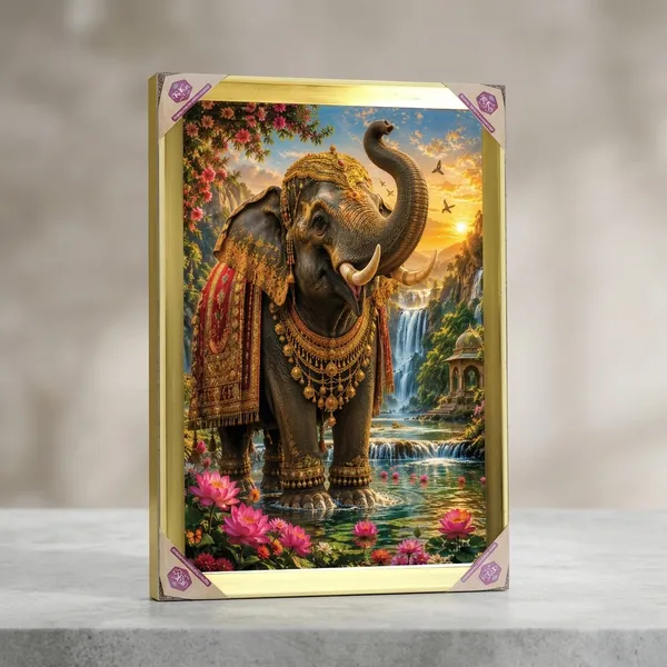 Premium_Royal_Gajraj_(Elephant_with_Raised_Trunk)_Vastu_Abundance_Golden_Framed_Portrait