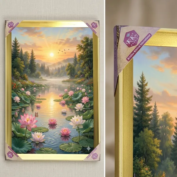 Premium_Divine_Lotus_Pond_&_Rising_Sun_Nature_Golden_Framed_Portrait