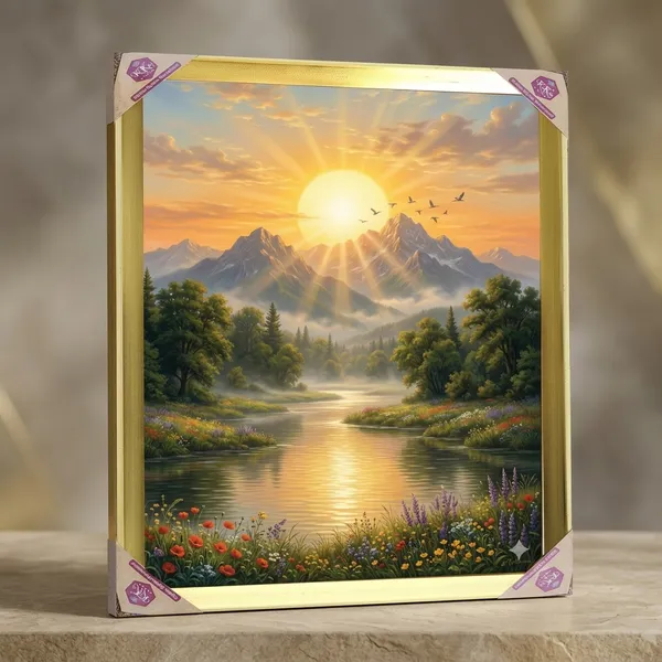 Premium_Rising_Sun_&_Divine_Mountain_Range_Nature_Golden_Framed_Portrait