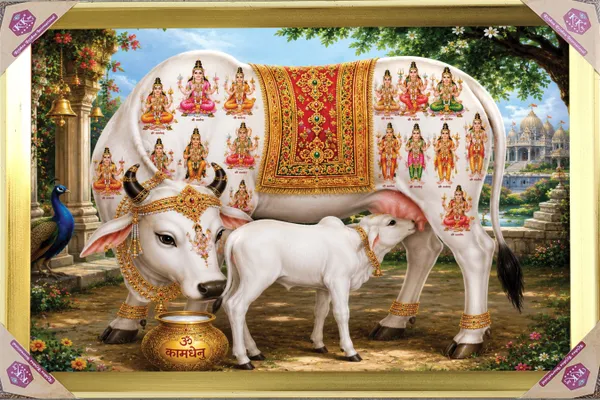 Premium_Divine_Kamdhenu_Cow_with_Calf_Wish-Fulfilling_Golden_Framed_Portrait