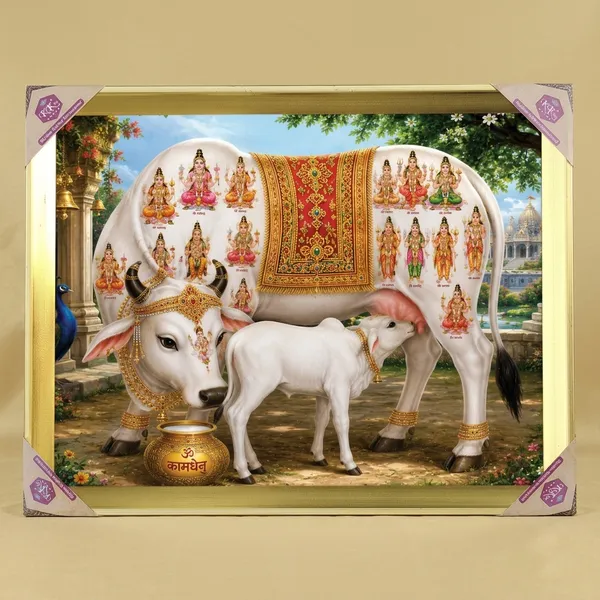 Premium_Divine_Kamdhenu_Cow_with_Calf_Wish-Fulfilling_Golden_Framed_Portrait