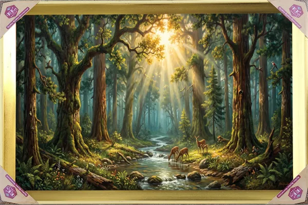 Premium_Sunlit_Deep_Forest_&_Serene_Deer_Family_Nature_Golden_Framed_Portrait