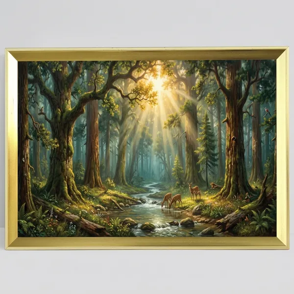 Premium_Sunlit_Deep_Forest_&_Serene_Deer_Family_Nature_Golden_Framed_Portrait