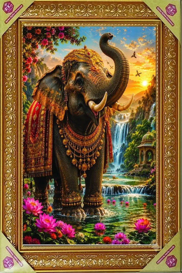 Premium_Royal_Gajraj_(Elephant_with_Raised_Trunk)_Vastu_Abundance_Golden_Framed_Portrait