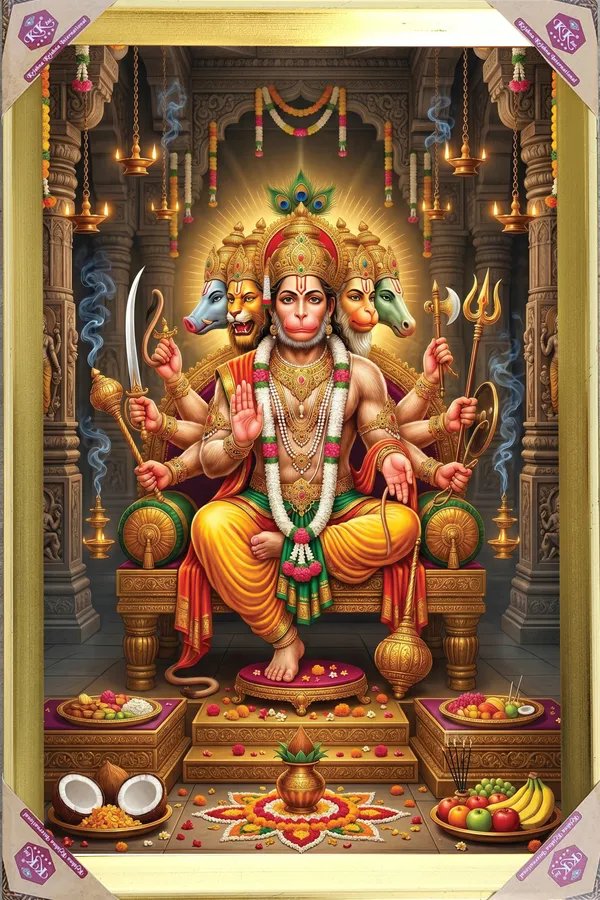 Premium_Panchmukhi_Hanuman_Ji_Divine_Protection_Golden_Framed_Portrait