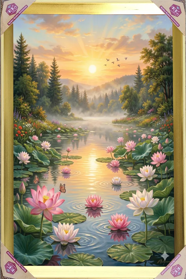 Premium_Divine_Lotus_Pond_&_Rising_Sun_Nature_Golden_Framed_Portrait