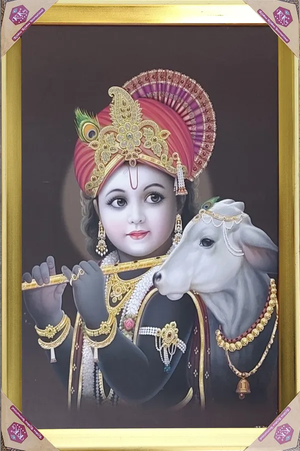 Premium_Bal_Krishna_with_Holy_Cow_Divine_Flute_Player_Golden_Framed_Portrait
