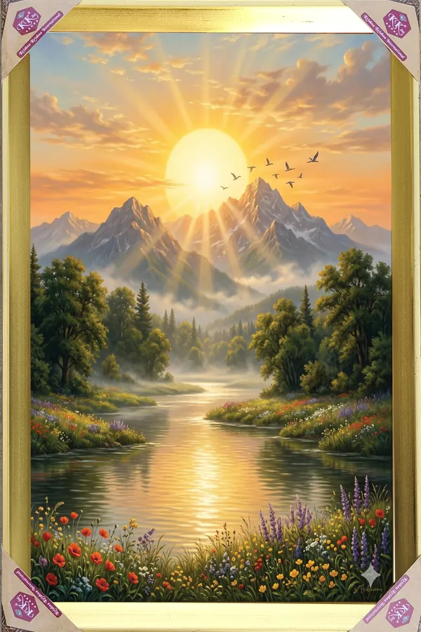 Premium_Rising_Sun_&_Divine_Mountain_Range_Nature_Golden_Framed_Portrait