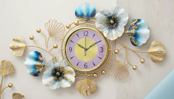 AM_Home_DECORᵀᴹ_3D_Glass_Modern_Metal_Floral_Wall_Clock_(Non_Tiking)_for_Farm_House/Living_Room/Bedroom/Hall/Dining_Hall_Decoration_with_Antique_Design_&_Glossy_Finish_(36_X_1_X_21_Inch)_(Gold&White)