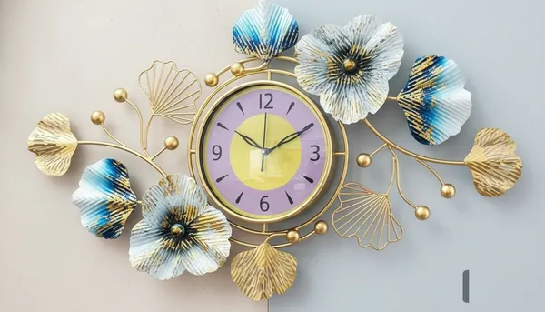 AM_Home_DECORᵀᴹ_3D_Glass_Modern_Metal_Floral_Wall_Clock_(Non_Tiking)_for_Farm_House/Living_Room/Bedroom/Hall/Dining_Hall_Decoration_with_Antique_Design_&_Glossy_Finish_(36_X_1_X_21_Inch)_(Gold&White)