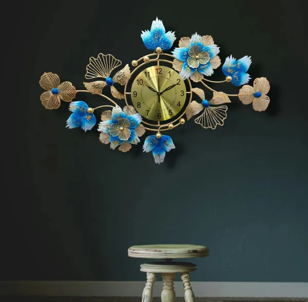 AM_HOME_Decor_Premium_Metal_Hanging_Wall_Clock_Floral_Decorative_for_Farm_House/Living_Room/Bedroom/Hall/Dining_Hall_Decoration_with_Antique_Design_&_Glossy_Finish_(36_X_1_X_21_Inch)_(Gold_&_Blue)