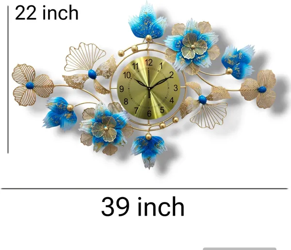 AM_HOME_Decor_Premium_Metal_Hanging_Wall_Clock_Floral_Decorative_for_Farm_House/Living_Room/Bedroom/Hall/Dining_Hall_Decoration_with_Antique_Design_&_Glossy_Finish_(36_X_1_X_21_Inch)_(Gold_&_Blue)