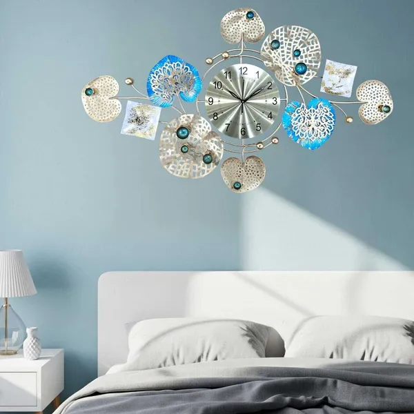 AM_HOME_Decor_Premium_Metal_Hanging_Wall_Clock_Modern_Decorative_for_Farm_House/Living_Room/Bedroom/Hall/Dining_Hall_Decoration_with_Antique_Design_&_Glossy_Finish_(36_X_1_X_21_Inch)_(Gold_&_Blue)