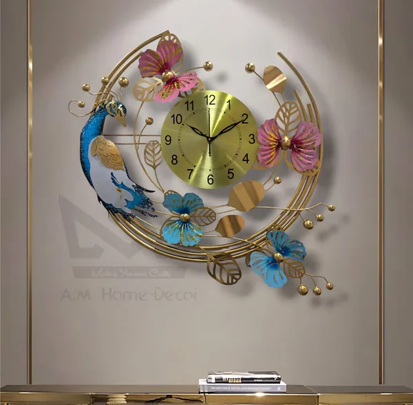 AM_Home_DECORᵀᴹ__Half_Moon_Peacock_Metal_Wall_Clock_(Non_Tiking)_for_Farm_House/Living_Room/Bedroom/Hall/Dining_Hall_Decoration_with_Antique_Design_&_Glossy_Finish_(24"_INCH)_(Gold_&_White)