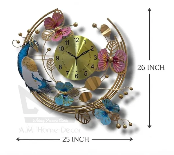AM_Home_DECORᵀᴹ__Half_Moon_Peacock_Metal_Wall_Clock_(Non_Tiking)_for_Farm_House/Living_Room/Bedroom/Hall/Dining_Hall_Decoration_with_Antique_Design_&_Glossy_Finish_(24"_INCH)_(Gold_&_White)