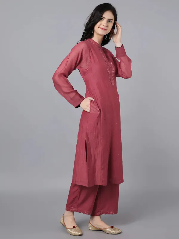 Brick_Red_Cupro_Silk_Chanderi_Straight_Kurta_For_Women