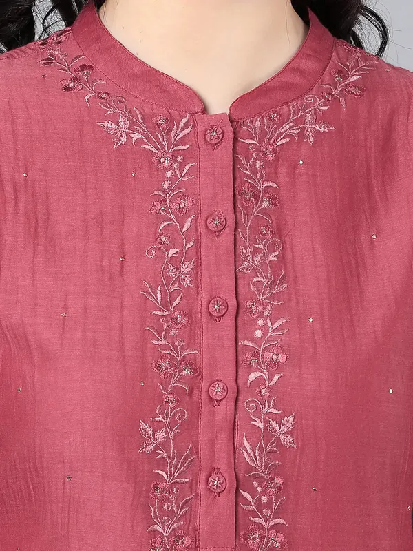 Brick_Red_Cupro_Silk_Chanderi_Straight_Kurta_For_Women