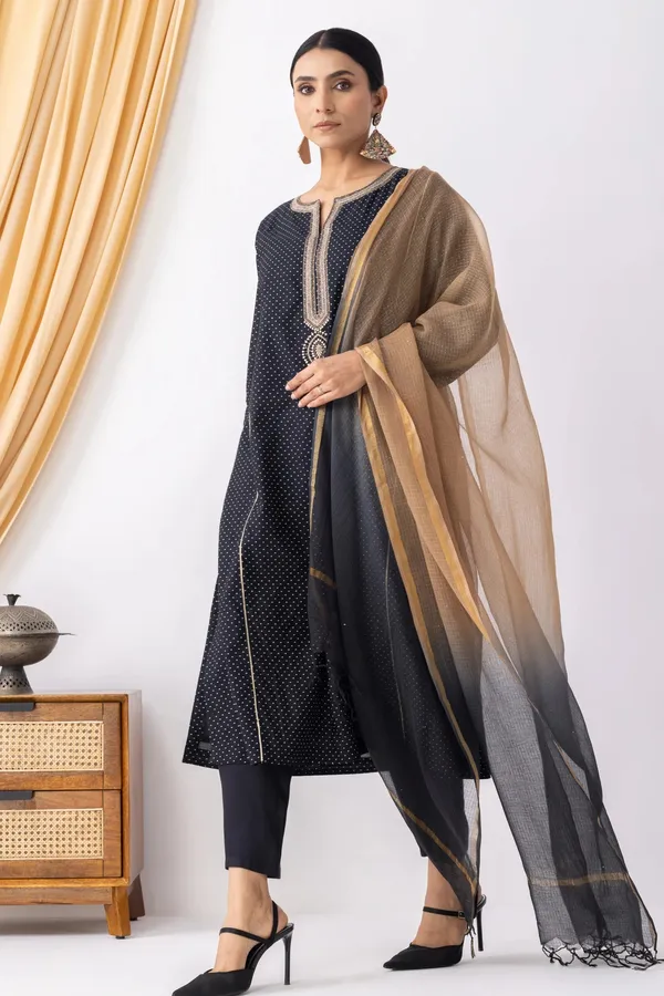 Black_And_Beige_Kota_Ombre_Mukaish_Dupatta_For_Women