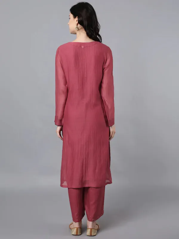 Brick_Red_Cupro_Silk_Chanderi_V_Neck_Kurta_Set_For_Women