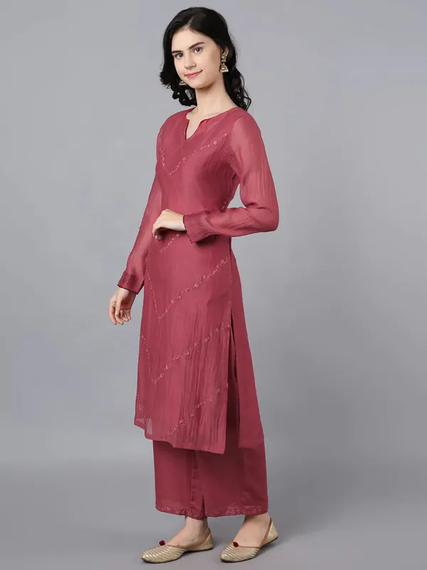 Brick_Red_Cupro_Silk_Chanderi_V_Neck_Kurta_Set_For_Women