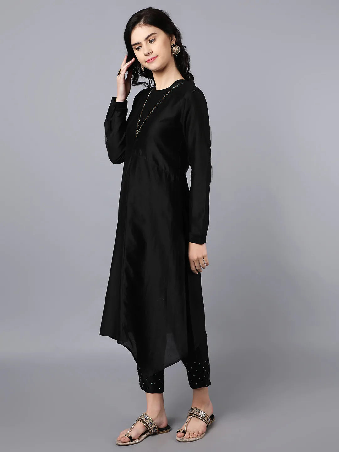 Black_Cupro_Silk_Chanderi_Asymmetric_Hand_Embroidered_Kurta_Set_For_Women