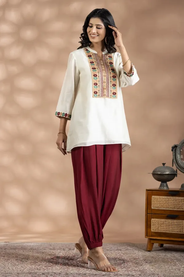 Ivory_And_Maroon_Bemberg_Silk_Embroidered_Top_Set_For_Women