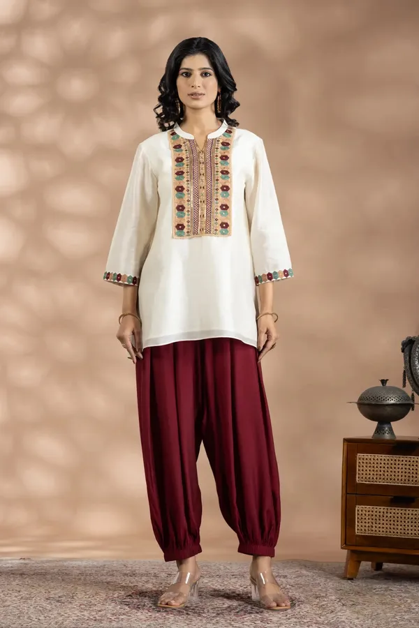 Ivory_And_Maroon_Bemberg_Silk_Embroidered_Top_Set_For_Women