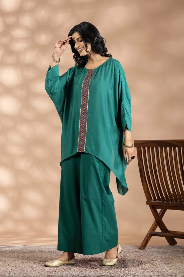 Green_Bemberg_Silk_Embroidered_Flared_Top_Set_For_Women
