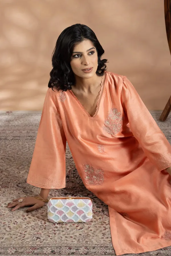 Peach_Chanderi_Silk_Floral_Beaded_Motif_Kurta_For_Women