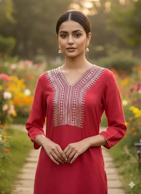 Red_Bemberg_Silk_Sequined_Mid-Length_Kurta_For_Women