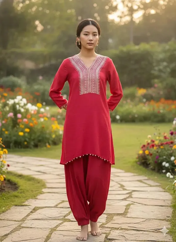 Red_Bemberg_Silk_Sequined_Mid-Length_Kurta_For_Women