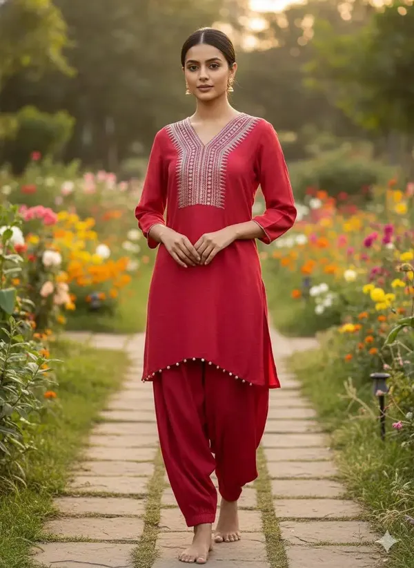 Red_Bemberg_Silk_Sequined_Mid-Length_Kurta_For_Women