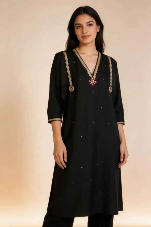 Black_Cotton_Zari_Embroidered_Kurta_For_Women