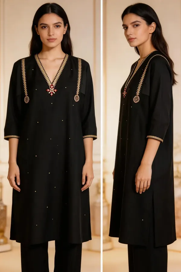 Black_Cotton_Zari_Embroidered_Kurta_For_Women