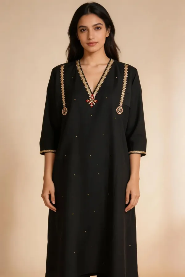 Black_Cotton_Zari_Embroidered_Kurta_For_Women