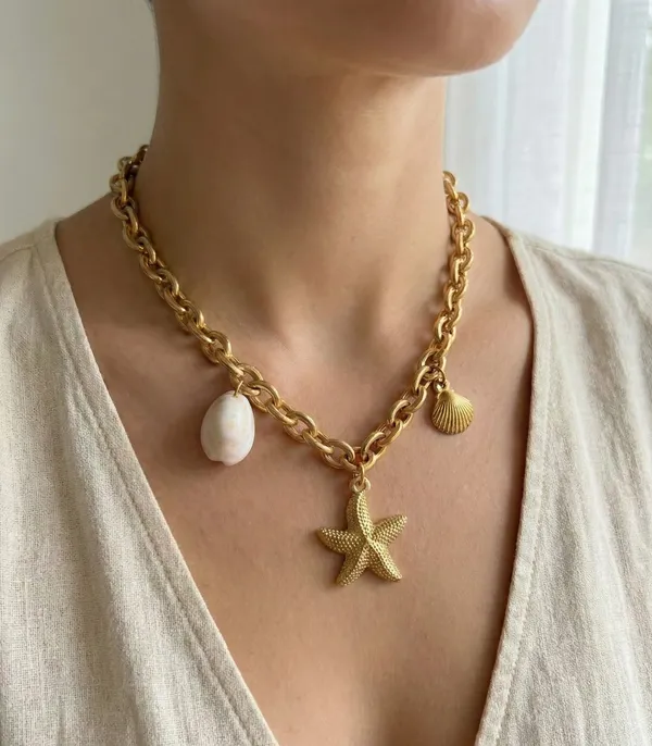 Gold_Steel_Nautical_Shell_Charm_Chain_Necklace_For_Women