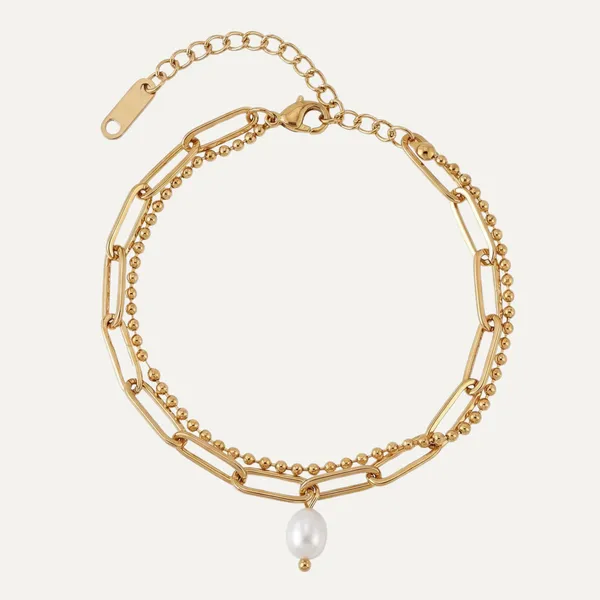 Gold_Steel_Paperclip_Beaded_Pearl_Drop_Layered_Bracelet_For_Women