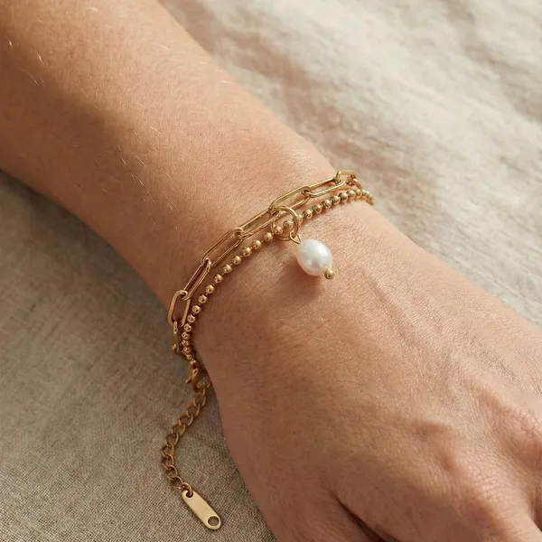 Gold_Steel_Paperclip_Beaded_Pearl_Drop_Layered_Bracelet_For_Women