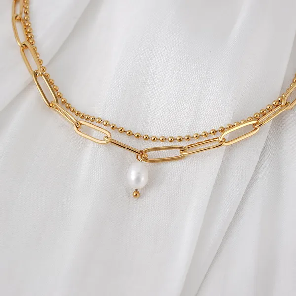 Gold_Steel_Paperclip_Beaded_Pearl_Drop_Layered_Bracelet_For_Women
